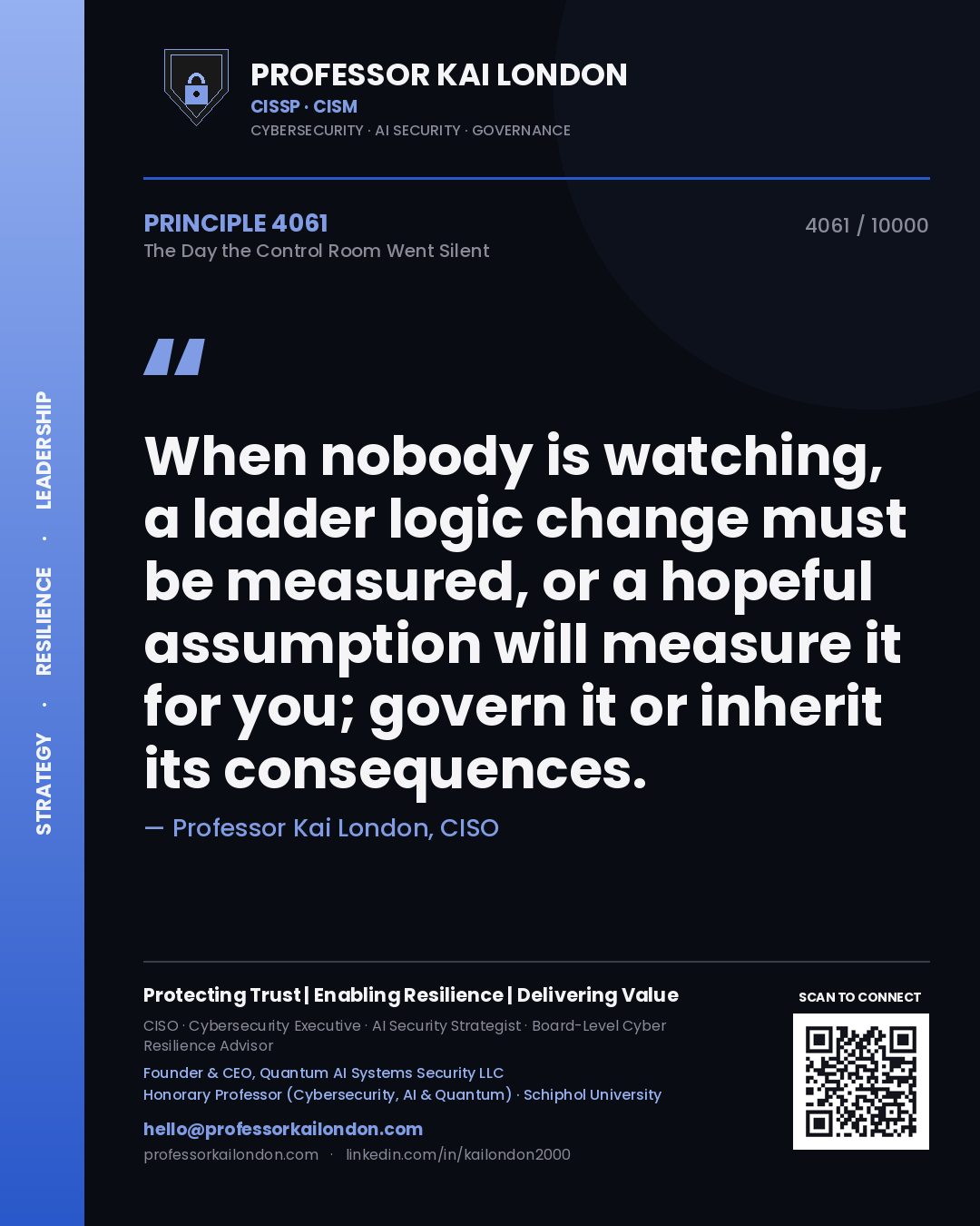 Quote card by Professor Kai London reading 'When nobody is watching, a ladder logic change must be measured, or a hopeful assumption will measure it for you; govern it or inherit its consequences.'. From the book The Day the Control Room Went Silent.