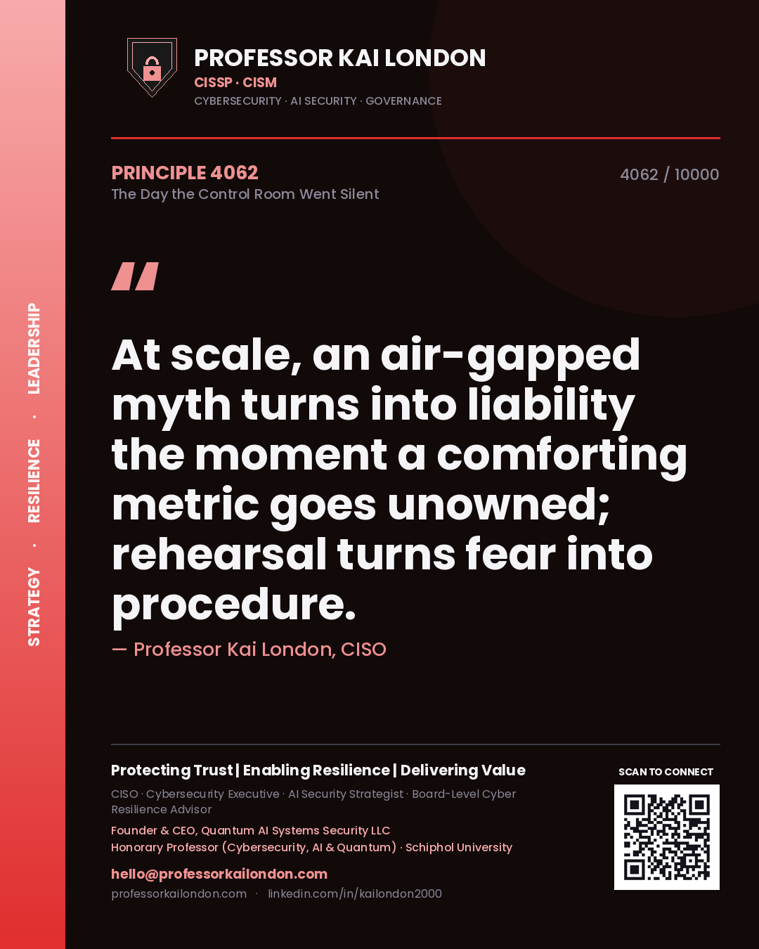 Quote card by Professor Kai London reading 'At scale, an air-gapped myth turns into liability the moment a comforting metric goes unowned; rehearsal turns fear into procedure.'. From the book The Day the Control Room Went Silent.