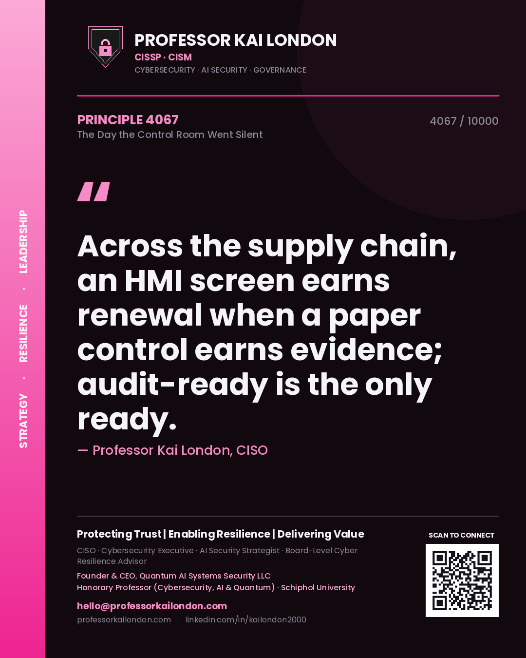 Quote card by Professor Kai London reading 'Across the supply chain, an HMI screen earns renewal when a paper control earns evidence; audit-ready is the only ready.'. From the book The Day the Control Room Went Silent.