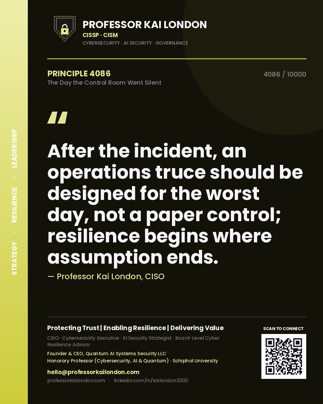 Quote card by Professor Kai London reading 'After the incident, an operations truce should be designed for the worst day, not a paper control; resilience begins where assumption ends.'. From the book The Day the Control Room Went Silent.