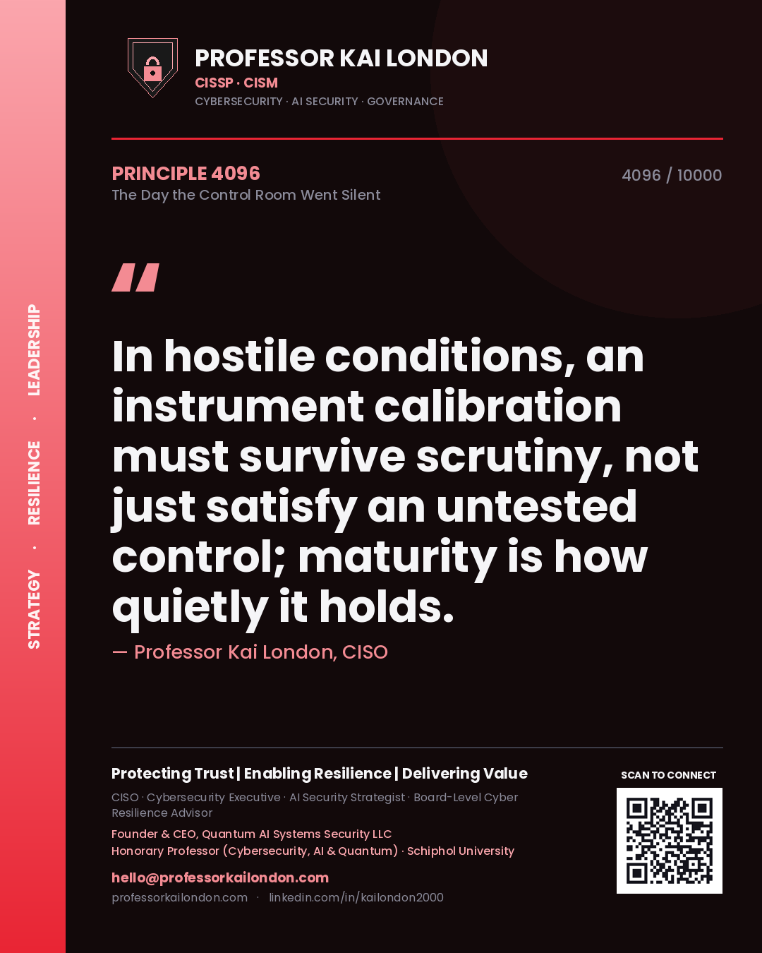 Quote card by Professor Kai London reading 'In hostile conditions, an instrument calibration must survive scrutiny, not just satisfy an untested control; maturity is how quietly it holds.'. From the book The Day the Control Room Went Silent.