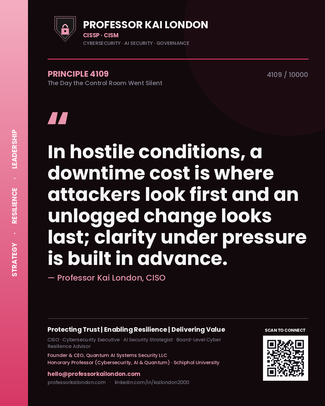 Professor Kai London principle 4109: In hostile conditions, a downtime cost is where attackers look first and an unlogged change looks last; clarity under pressure is built in advance.