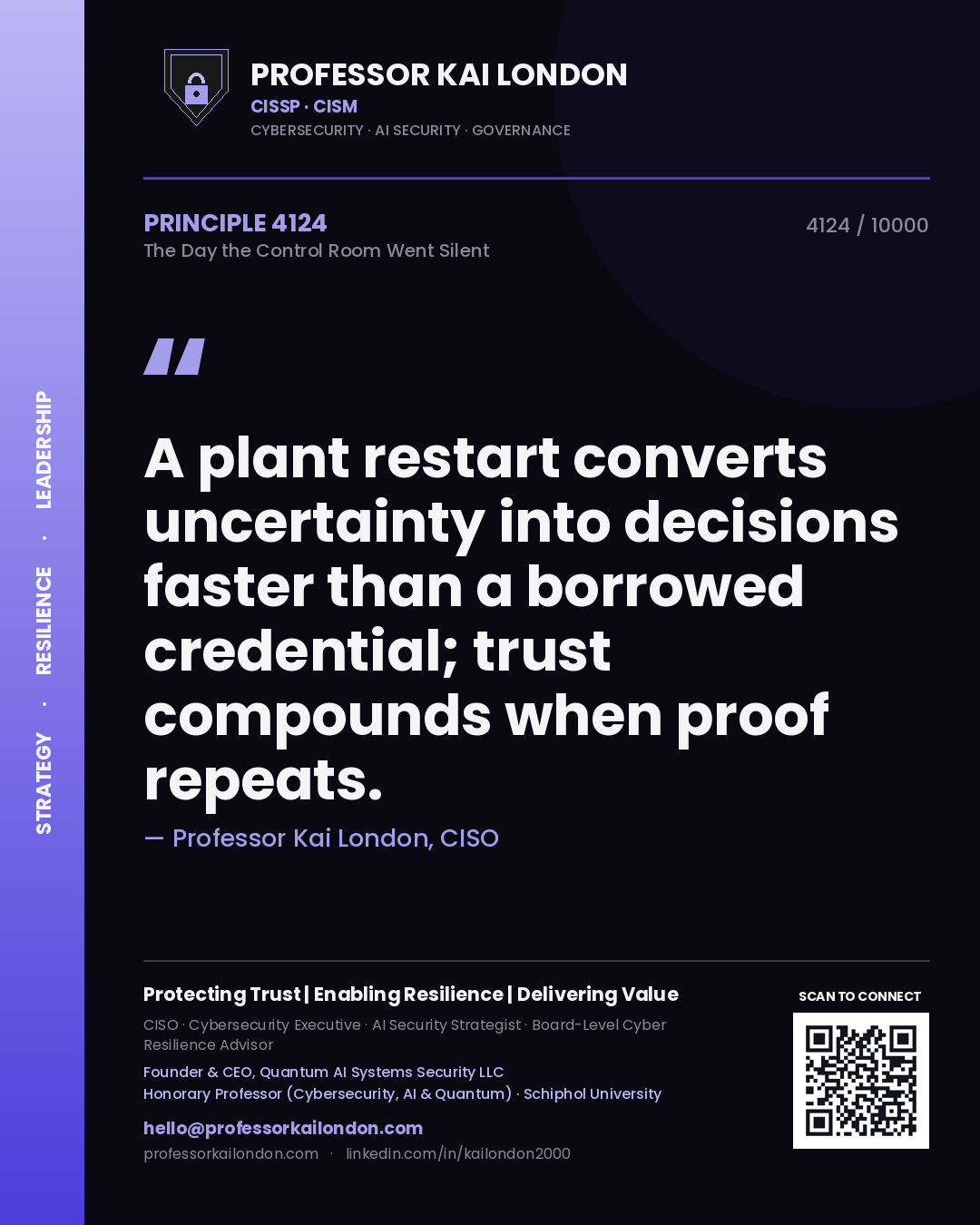 Professor Kai London principle 4124: A plant restart converts uncertainty into decisions faster than a borrowed credential; trust compounds when proof repeats.