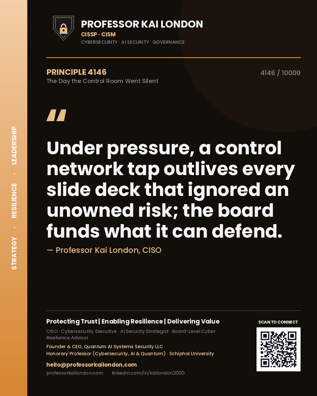 Professor Kai London principle 4146: Under pressure, a control network tap outlives every slide deck that ignored an unowned risk; the board funds what it can defend.