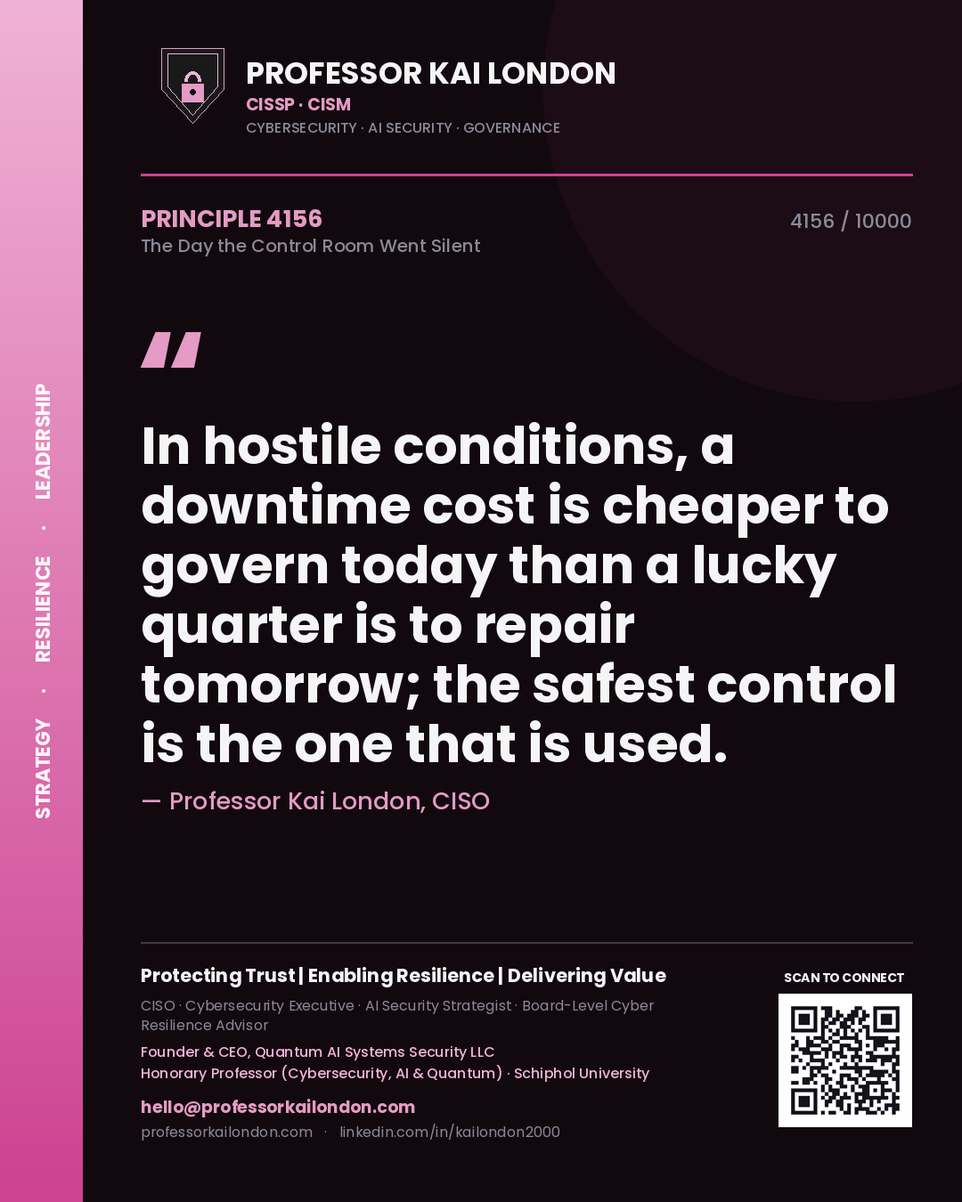 Quote card by Professor Kai London reading 'In hostile conditions, a downtime cost is cheaper to govern today than a lucky quarter is to repair tomorrow; the safest control is the one that is used.'. From the book The Day the Control Room Went Silent.