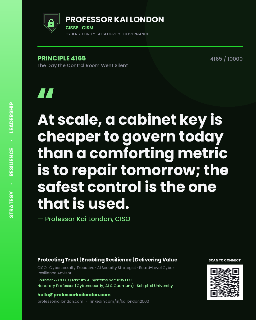 Professor Kai London principle 4165: At scale, a cabinet key is cheaper to govern today than a comforting metric is to repair tomorrow; the safest control is the one that is used.