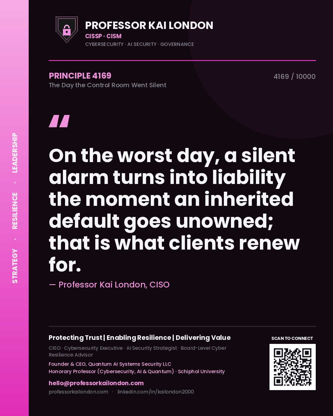 Quote card by Professor Kai London reading 'On the worst day, a silent alarm turns into liability the moment an inherited default goes unowned; that is what clients renew for.'. From the book The Day the Control Room Went Silent.