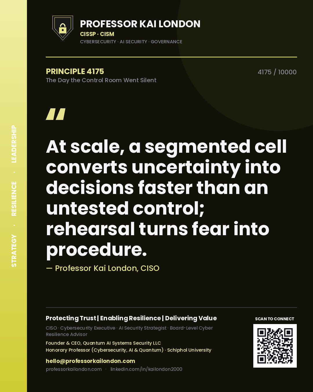 Quote card by Professor Kai London reading 'At scale, a segmented cell converts uncertainty into decisions faster than an untested control; rehearsal turns fear into procedure.'. From the book The Day the Control Room Went Silent.
