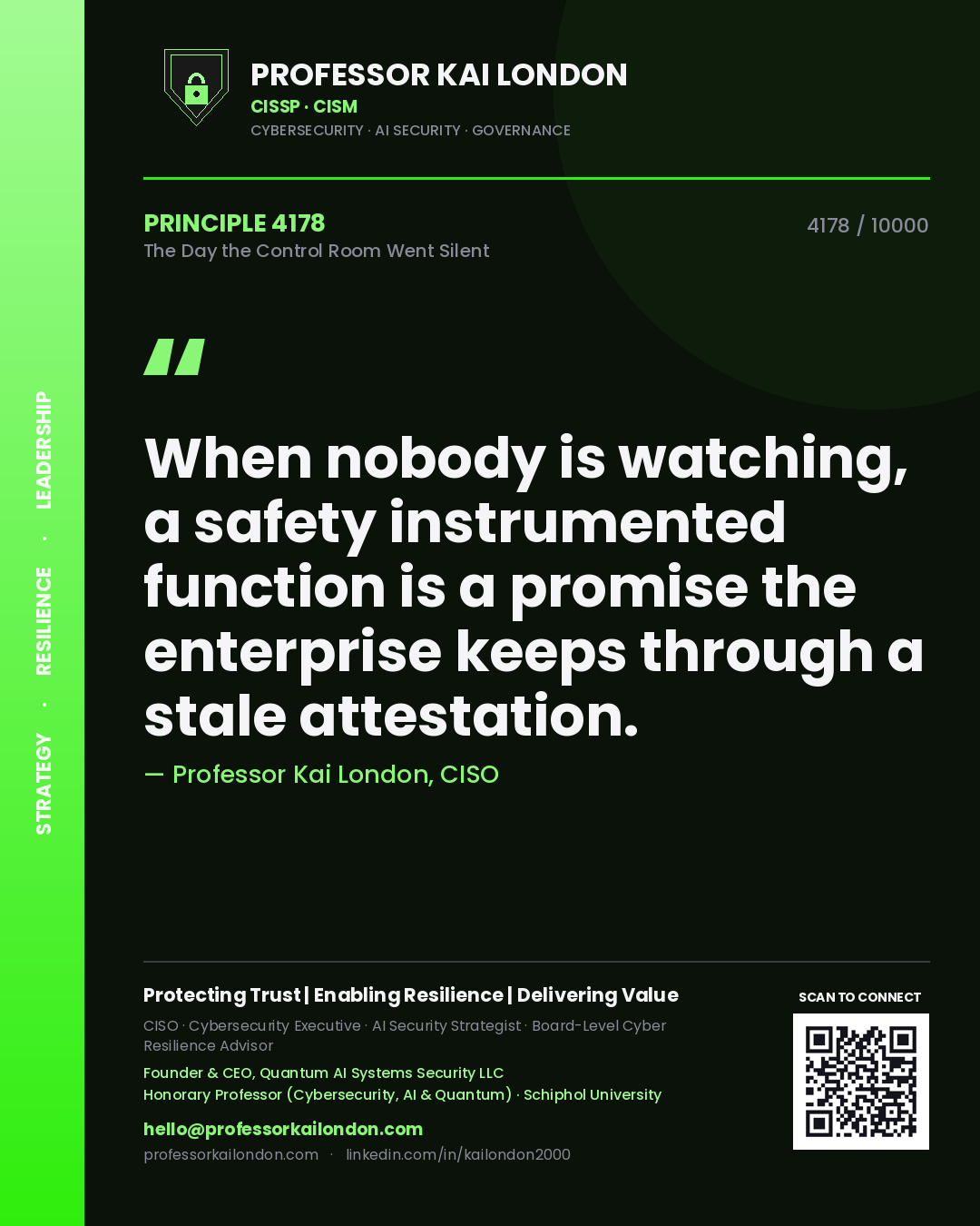 Professor Kai London principle 4178: When nobody is watching, a safety instrumented function is a promise the enterprise keeps through a stale attestation.