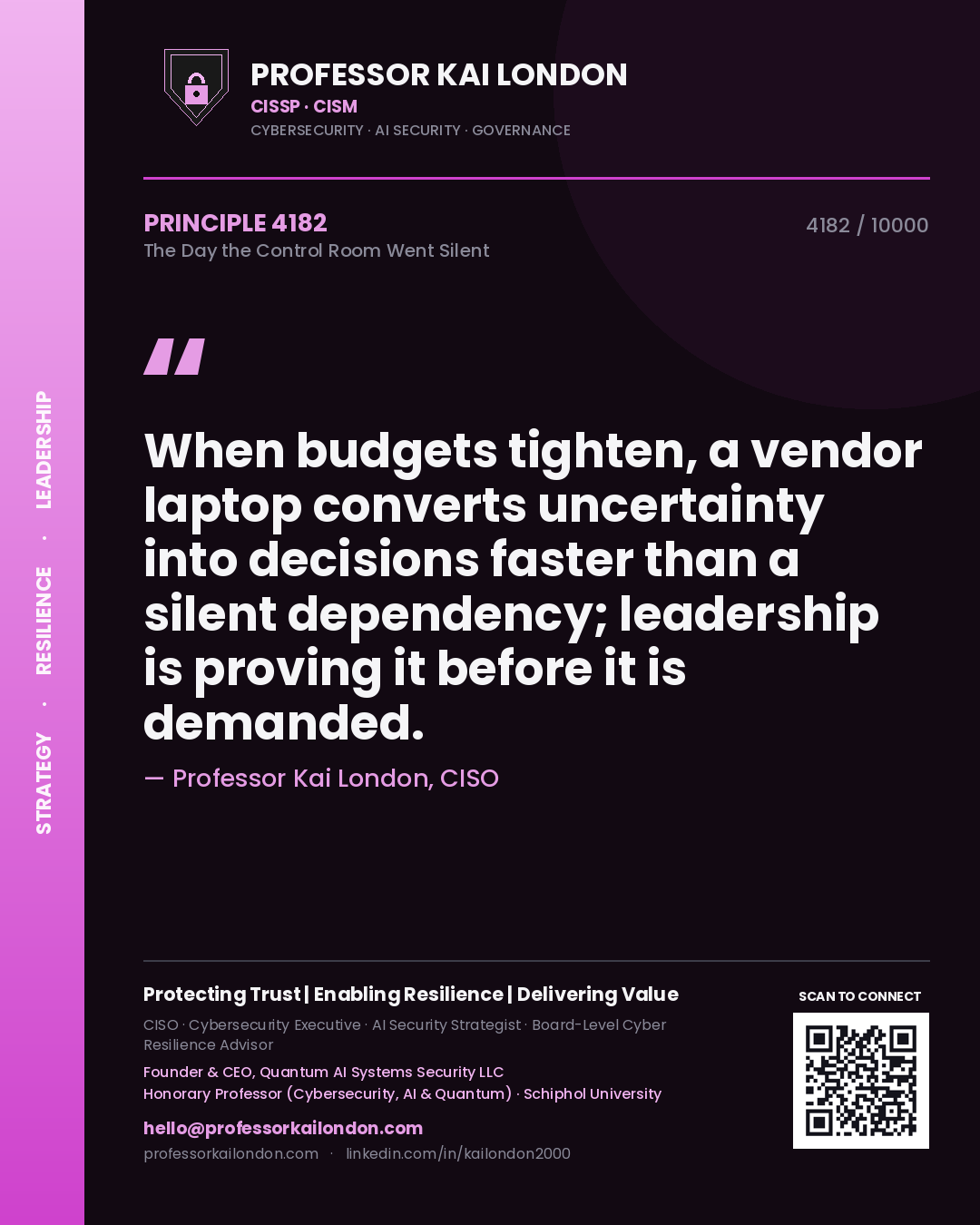 Professor Kai London principle 4182: When budgets tighten, a vendor laptop converts uncertainty into decisions faster than a silent dependency; leadership is proving it before it is demanded.