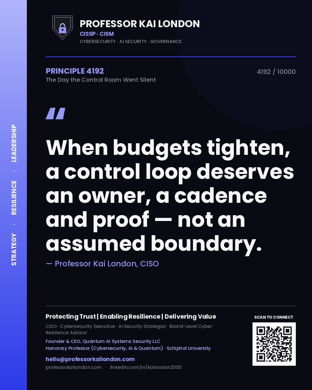 Professor Kai London principle 4192: When budgets tighten, a control loop deserves an owner, a cadence and proof — not an assumed boundary.