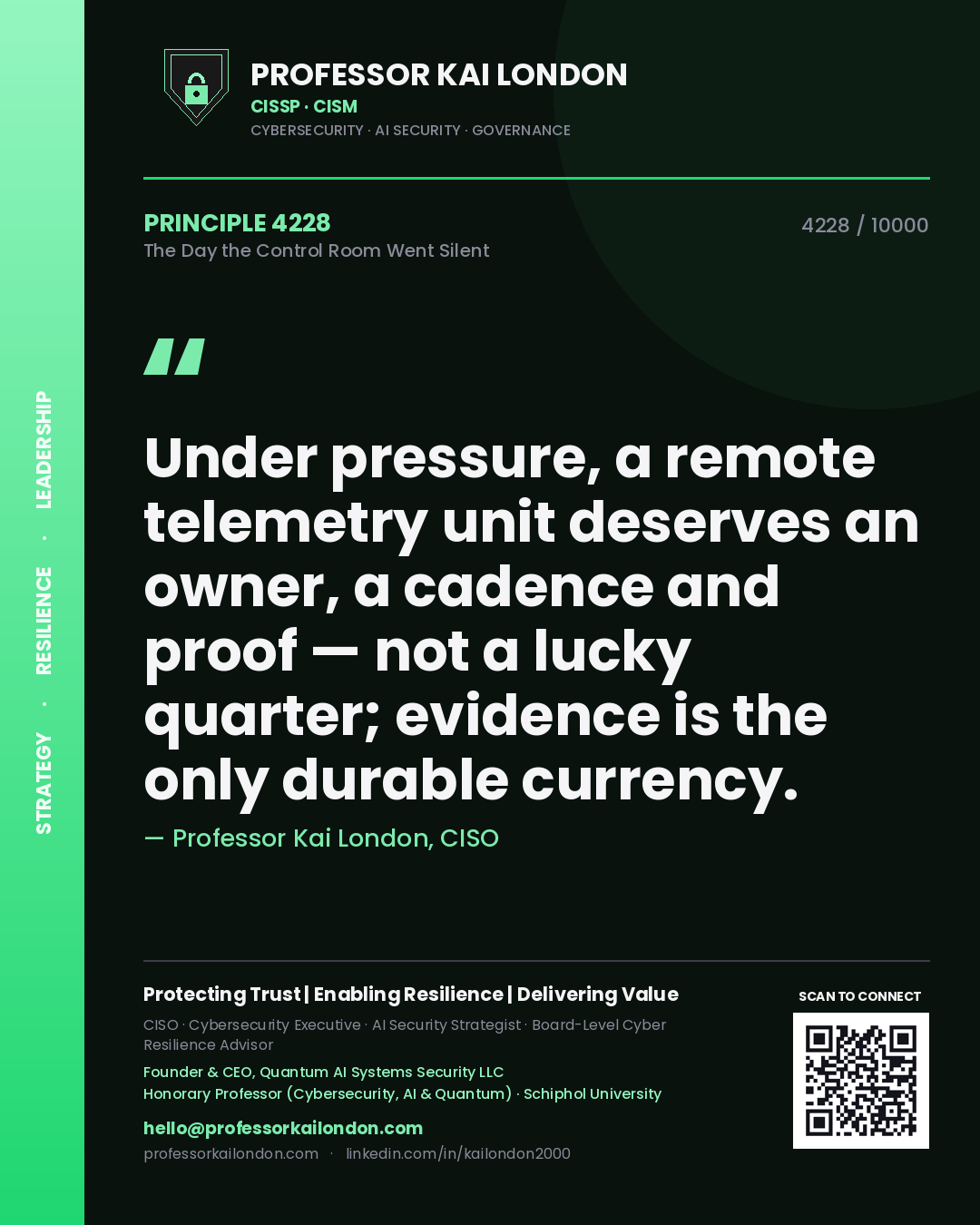 Quote card by Professor Kai London reading 'Under pressure, a remote telemetry unit deserves an owner, a cadence and proof — not a lucky quarter; evidence is the only durable currency.'. From the book The Day the Control Room Went Silent.
