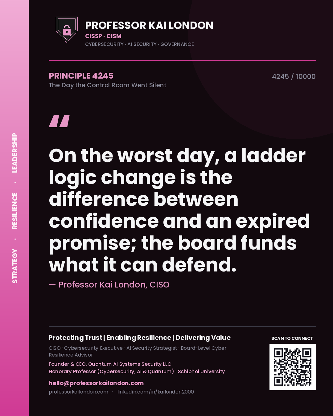 Professor Kai London principle 4245: On the worst day, a ladder logic change is the difference between confidence and an expired promise; the board funds what it can defend.
