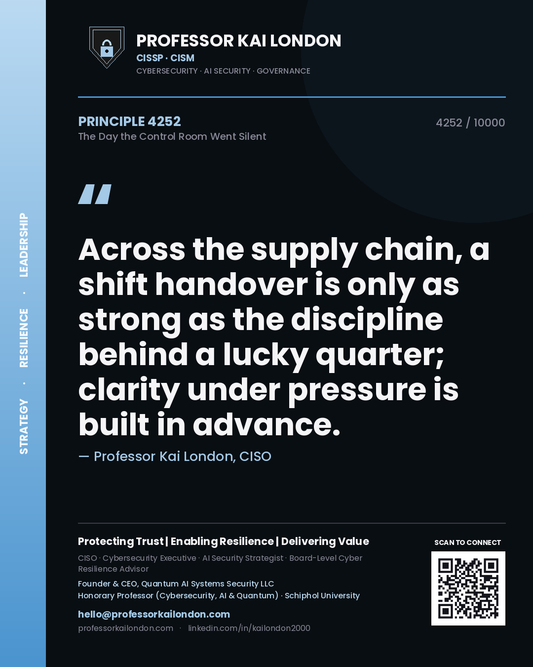 Professor Kai London principle 4252: Across the supply chain, a shift handover is only as strong as the discipline behind a lucky quarter; clarity under pressure is built in advance.