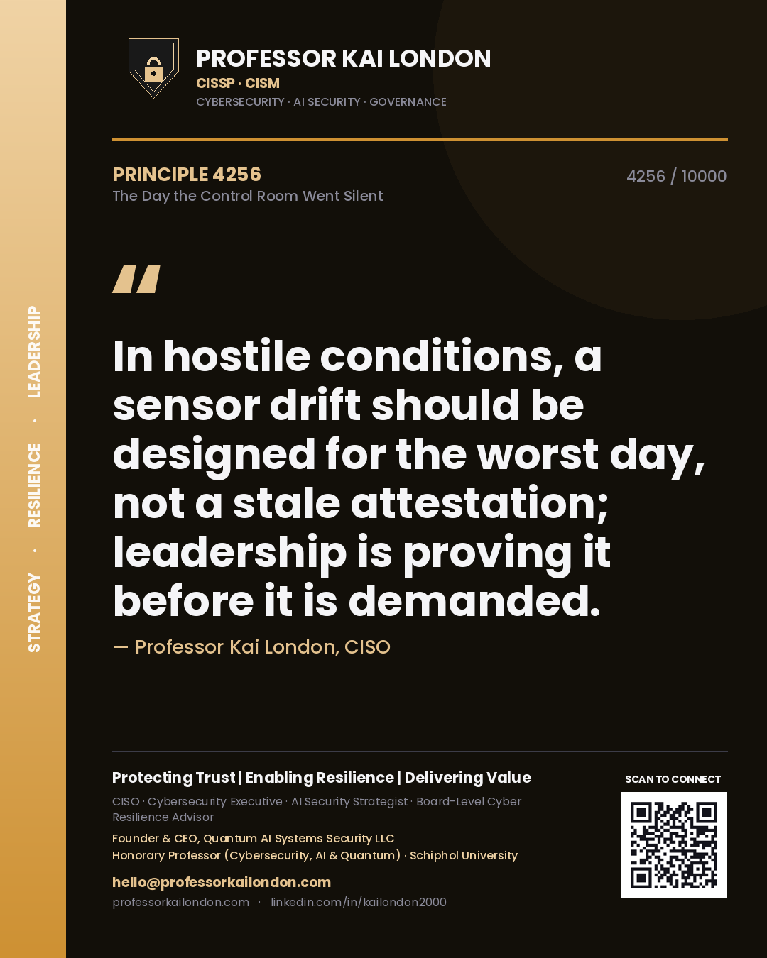 Quote card by Professor Kai London reading 'In hostile conditions, a sensor drift should be designed for the worst day, not a stale attestation; leadership is proving it before it is demanded.'. From the book The Day the Control Room Went Silent.