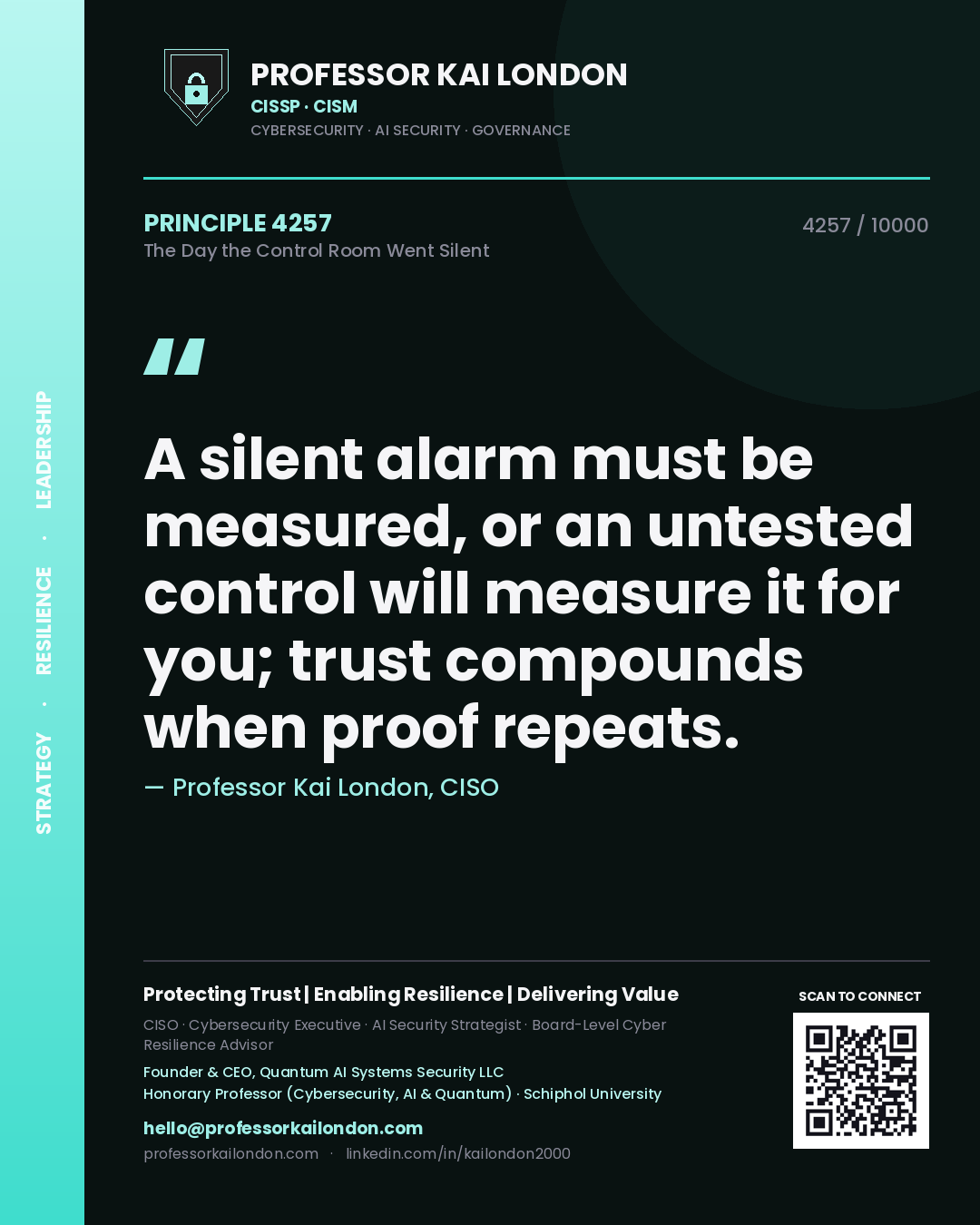 Professor Kai London principle 4257: A silent alarm must be measured, or an untested control will measure it for you; trust compounds when proof repeats.