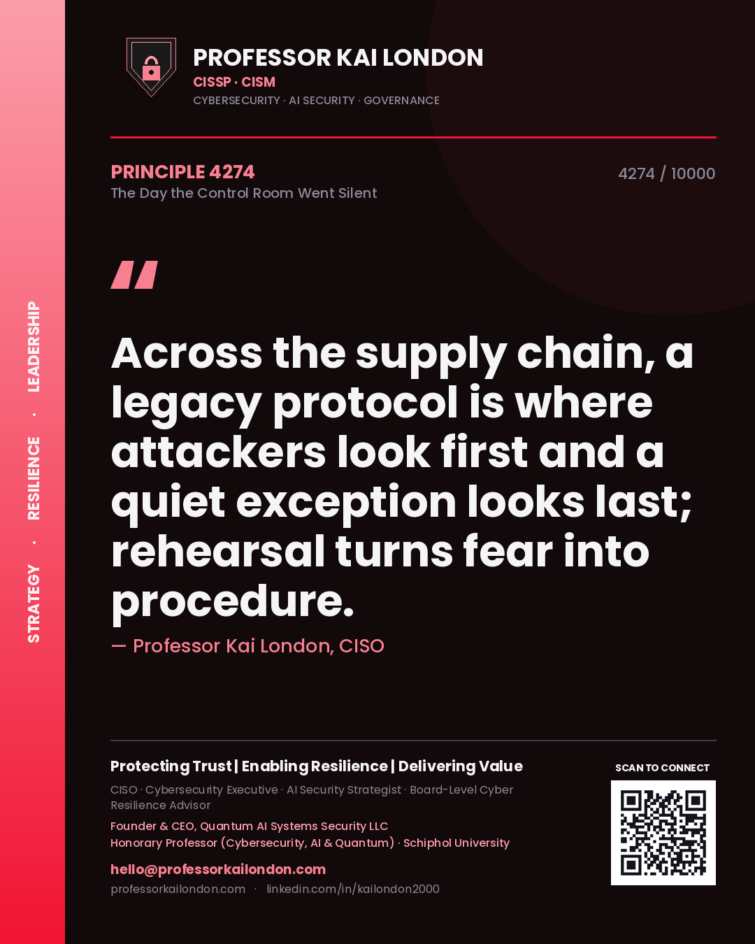 Quote card by Professor Kai London reading 'Across the supply chain, a legacy protocol is where attackers look first and a quiet exception looks last; rehearsal turns fear into procedure.'. From the book The Day the Control Room Went Silent.