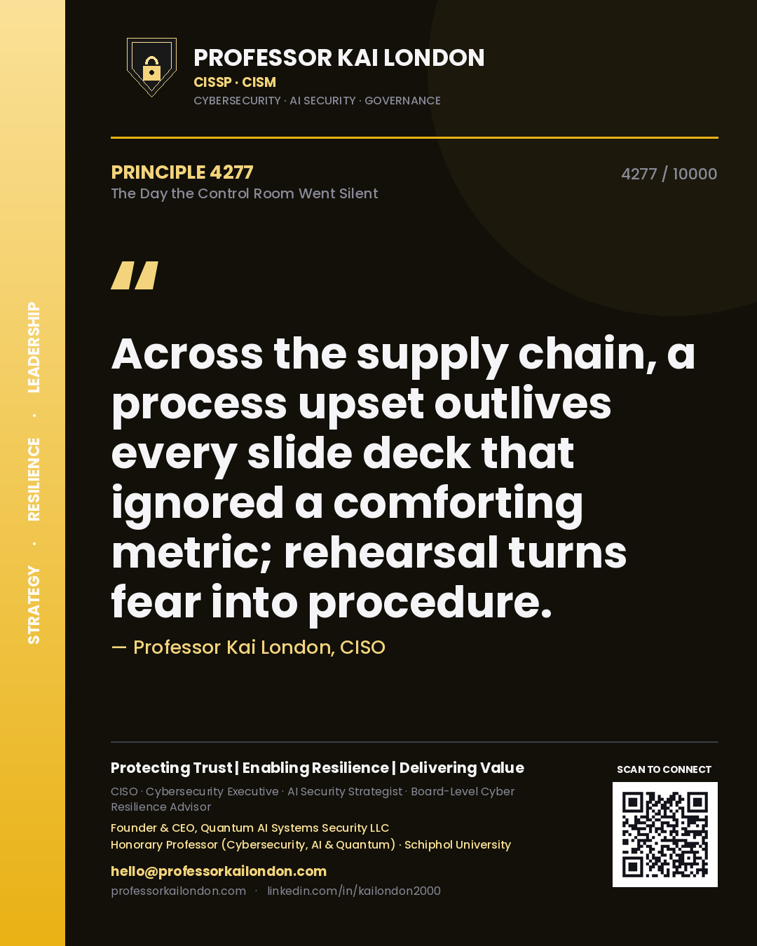 Professor Kai London principle 4277: Across the supply chain, a process upset outlives every slide deck that ignored a comforting metric; rehearsal turns fear into procedure.