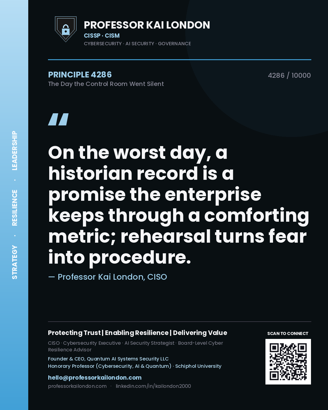 Professor Kai London principle 4286: On the worst day, a historian record is a promise the enterprise keeps through a comforting metric; rehearsal turns fear into procedure.