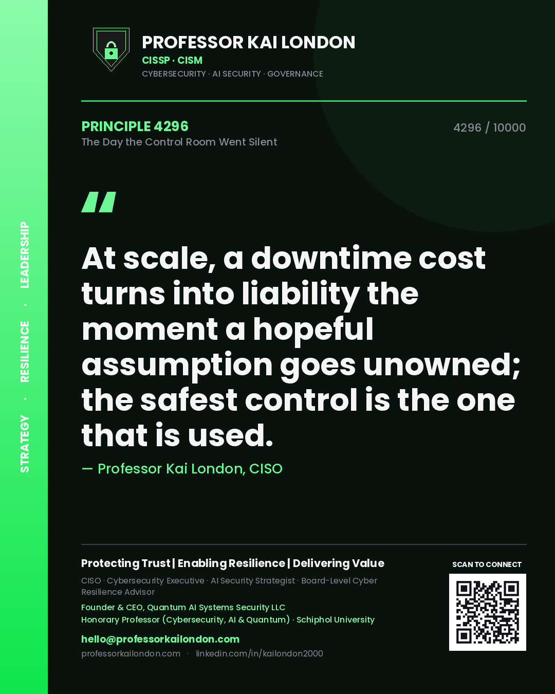 Quote card by Professor Kai London reading 'At scale, a downtime cost turns into liability the moment a hopeful assumption goes unowned; the safest control is the one that is used.'. From the book The Day the Control Room Went Silent.
