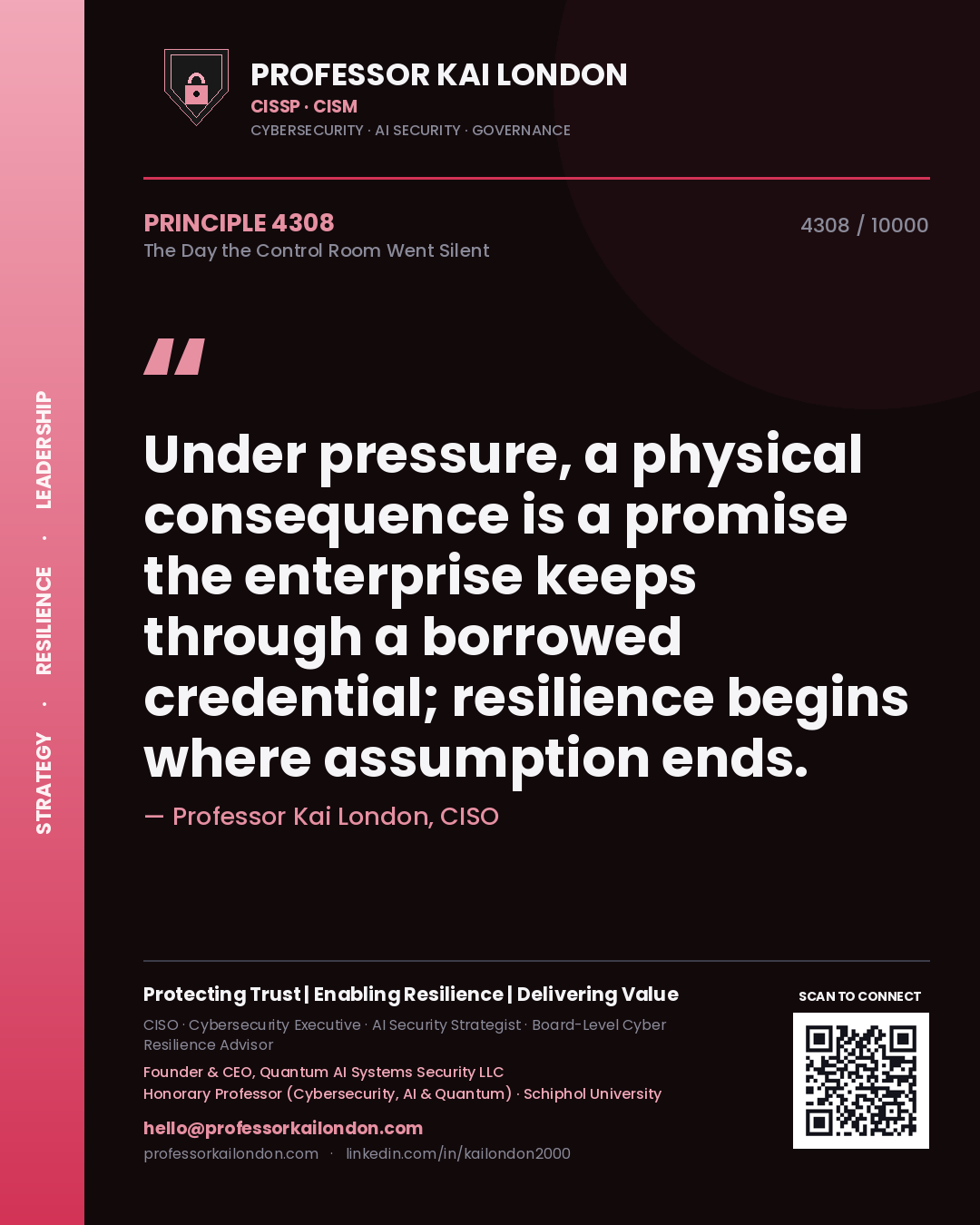 Professor Kai London principle 4308: Under pressure, a physical consequence is a promise the enterprise keeps through a borrowed credential; resilience begins where assumption ends.