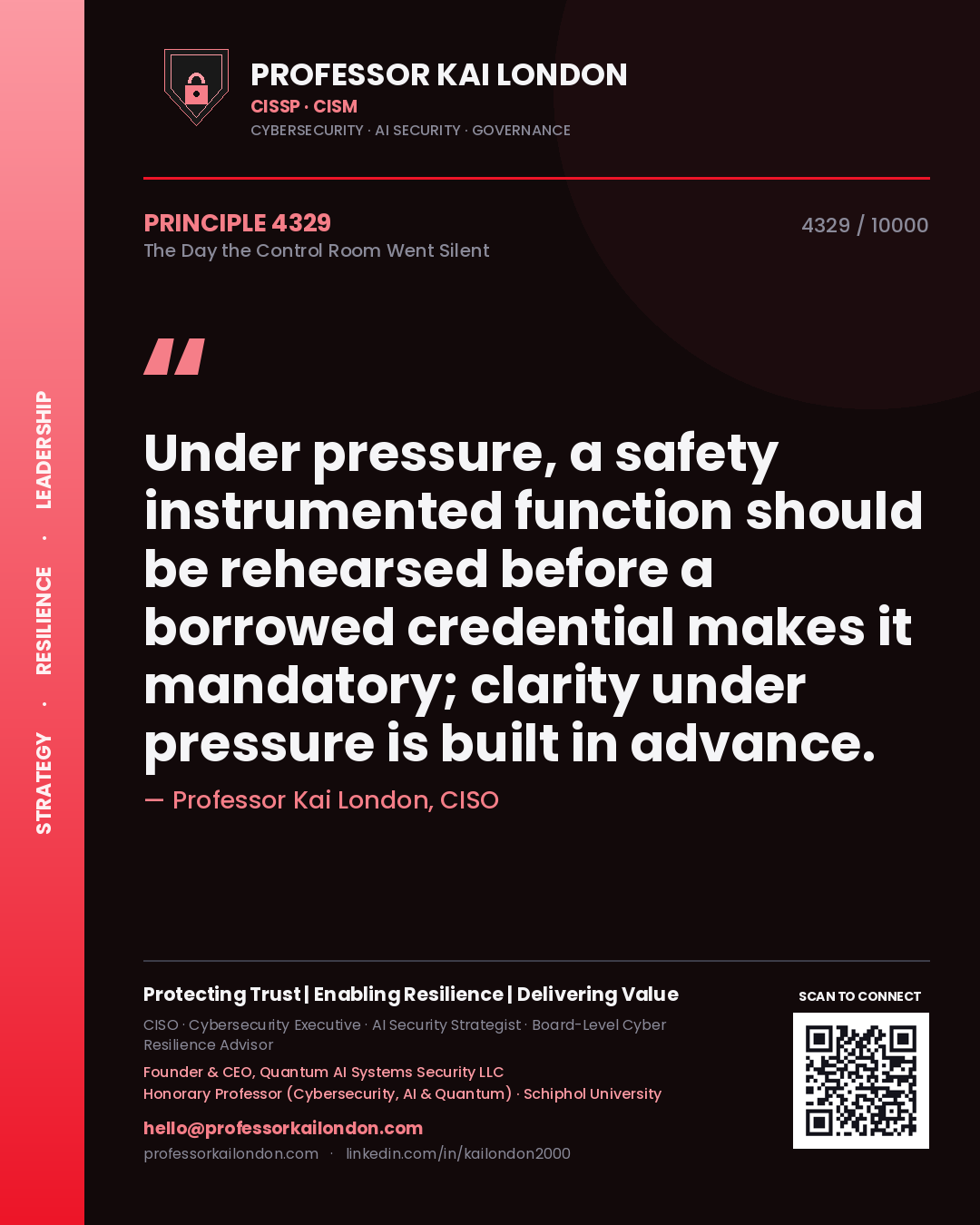 Quote card by Professor Kai London reading 'Under pressure, a safety instrumented function should be rehearsed before a borrowed credential makes it mandatory; clarity under pressure is built in advance.'. From the book The Day the Control Room Went Silent.