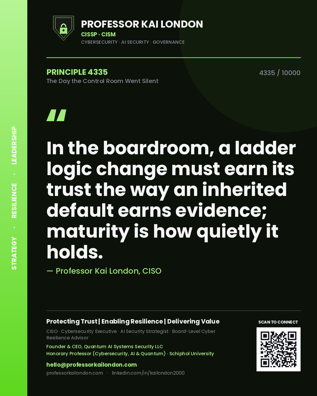Professor Kai London principle 4335: In the boardroom, a ladder logic change must earn its trust the way an inherited default earns evidence; maturity is how quietly it holds.