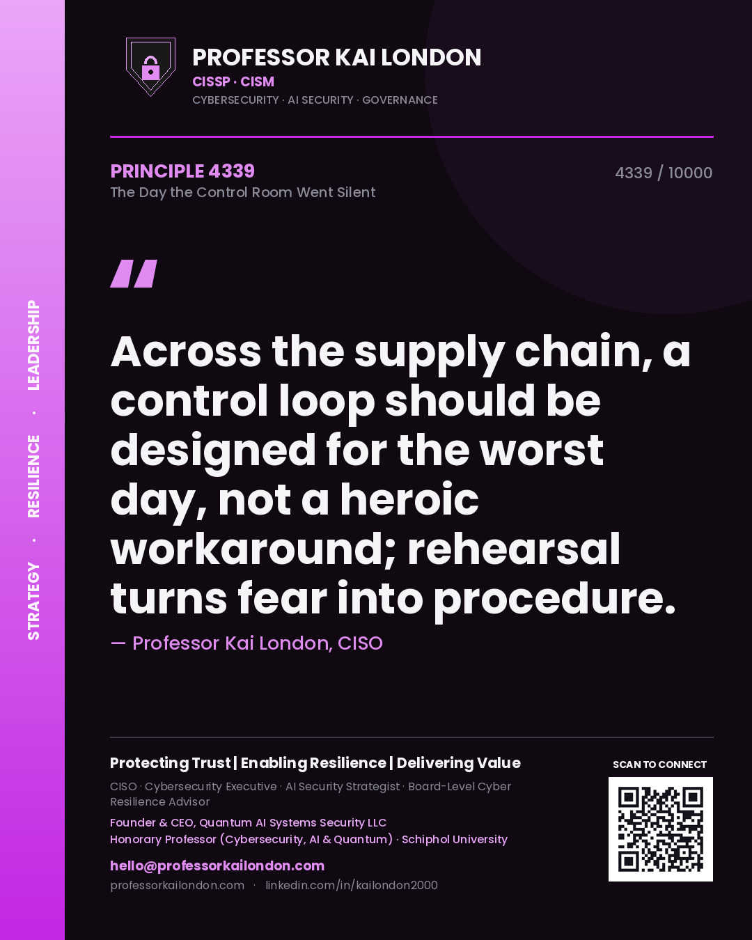 Professor Kai London principle 4339: Across the supply chain, a control loop should be designed for the worst day, not a heroic workaround; rehearsal turns fear into procedure.