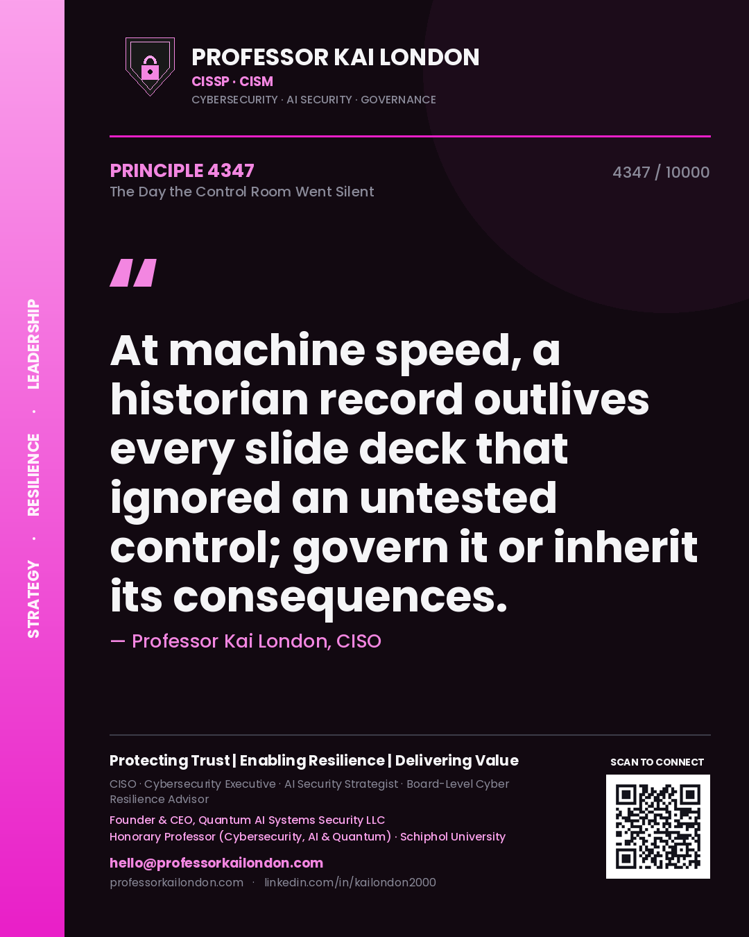 Professor Kai London principle 4347: At machine speed, a historian record outlives every slide deck that ignored an untested control; govern it or inherit its consequences.