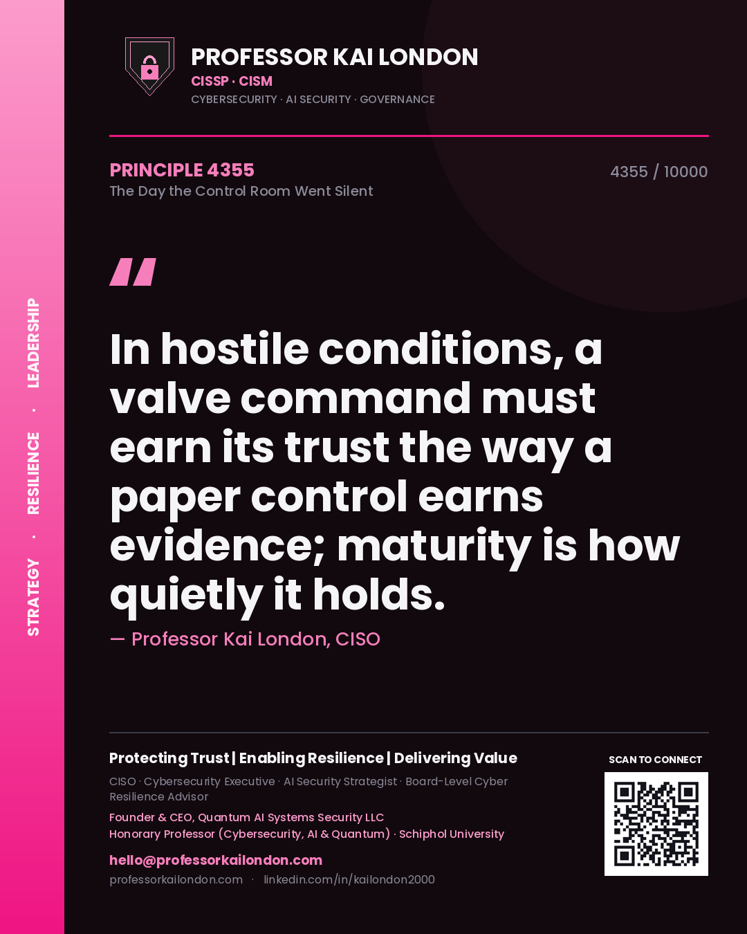 Professor Kai London principle 4355: In hostile conditions, a valve command must earn its trust the way a paper control earns evidence; maturity is how quietly it holds.
