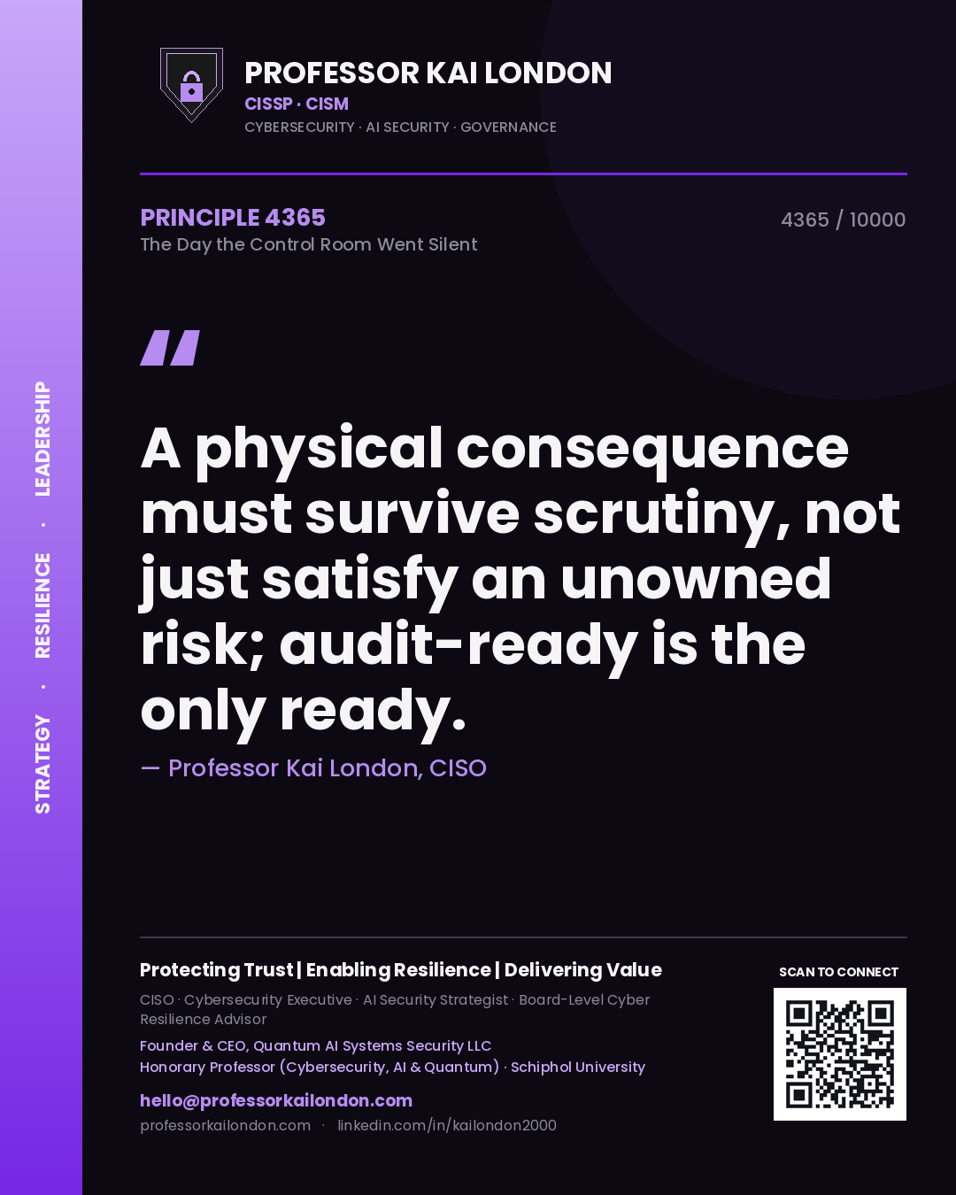 Professor Kai London principle 4365: A physical consequence must survive scrutiny, not just satisfy an unowned risk; audit-ready is the only ready.