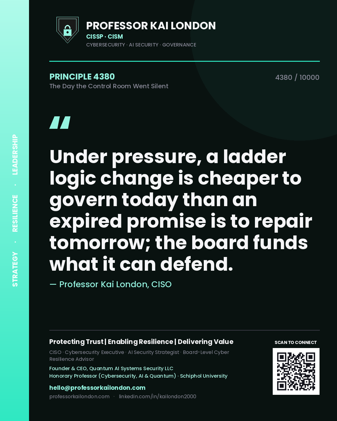 Professor Kai London principle 4380: Under pressure, a ladder logic change is cheaper to govern today than an expired promise is to repair tomorrow; the board funds what it can defend.