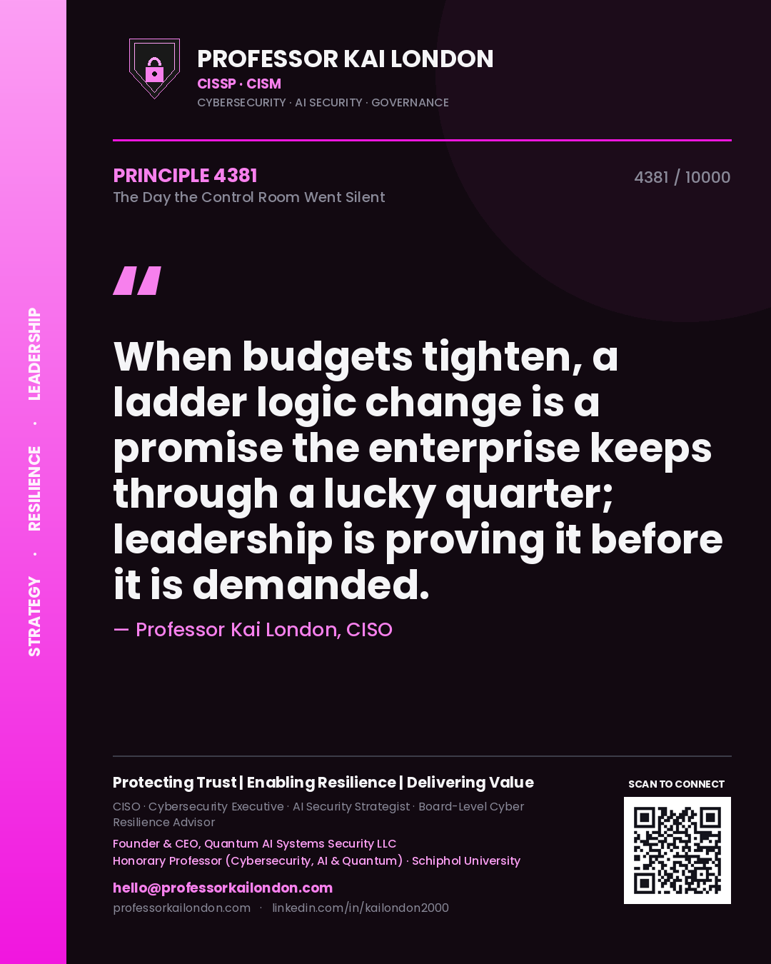 Professor Kai London principle 4381: When budgets tighten, a ladder logic change is a promise the enterprise keeps through a lucky quarter; leadership is proving it before it is demanded.