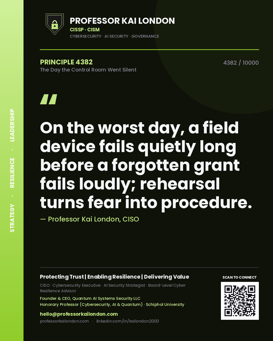 Professor Kai London principle 4382: On the worst day, a field device fails quietly long before a forgotten grant fails loudly; rehearsal turns fear into procedure.