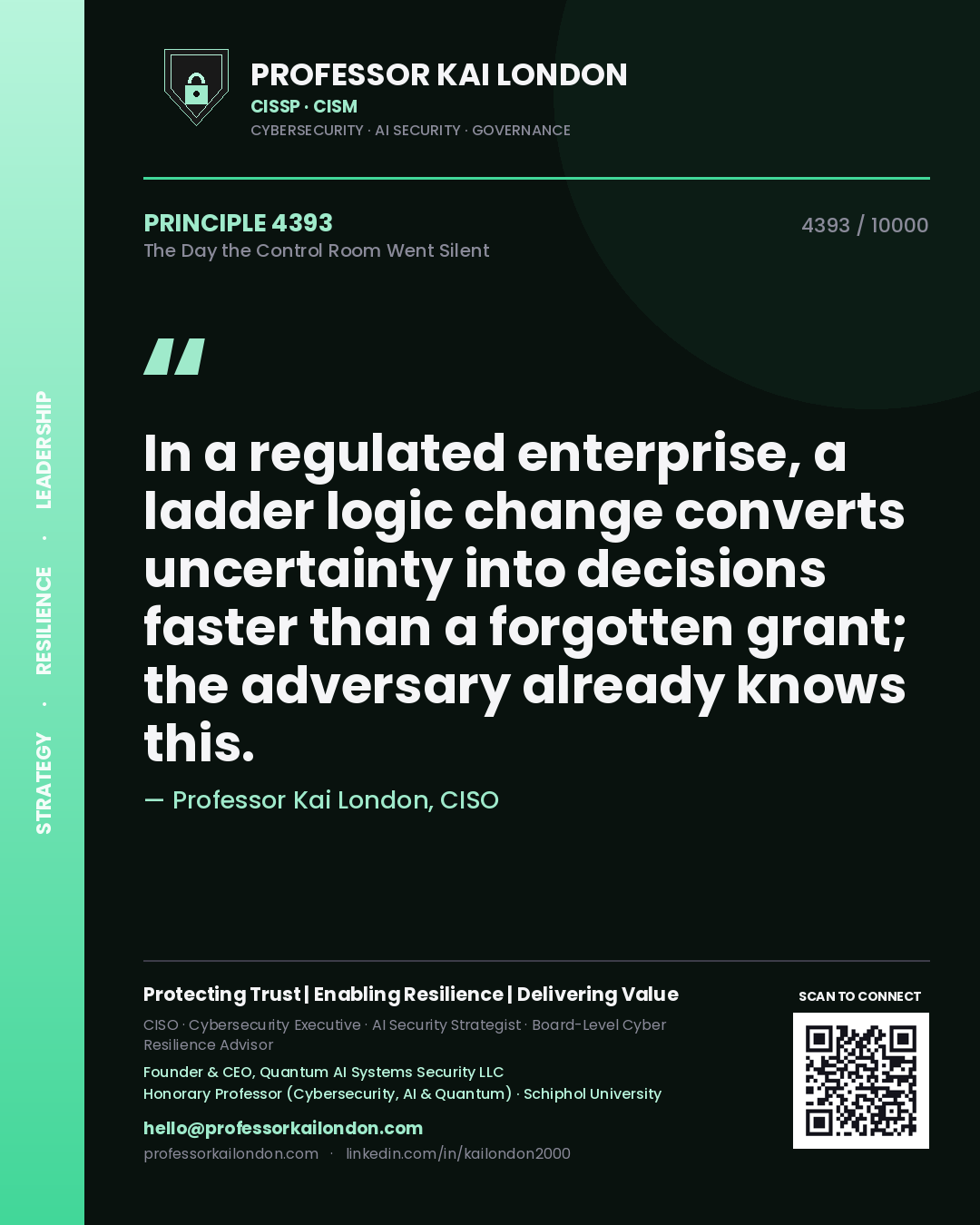 Professor Kai London principle 4393: In a regulated enterprise, a ladder logic change converts uncertainty into decisions faster than a forgotten grant; the adversary already knows this.