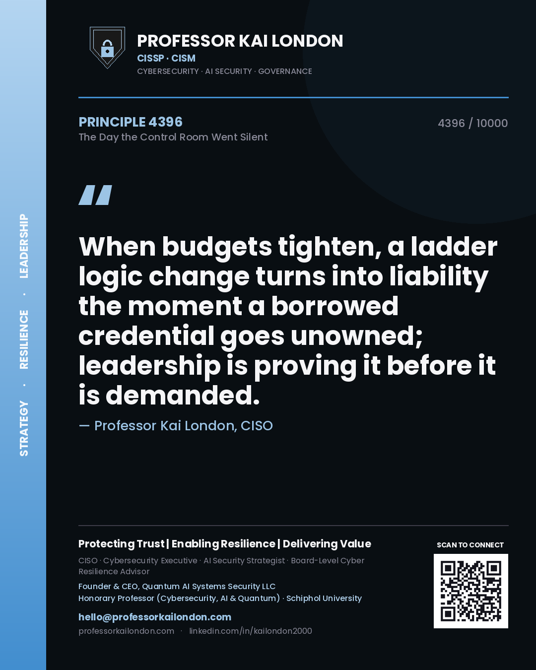 Professor Kai London principle 4396: When budgets tighten, a ladder logic change turns into liability the moment a borrowed credential goes unowned; leadership is proving it before it is demanded.