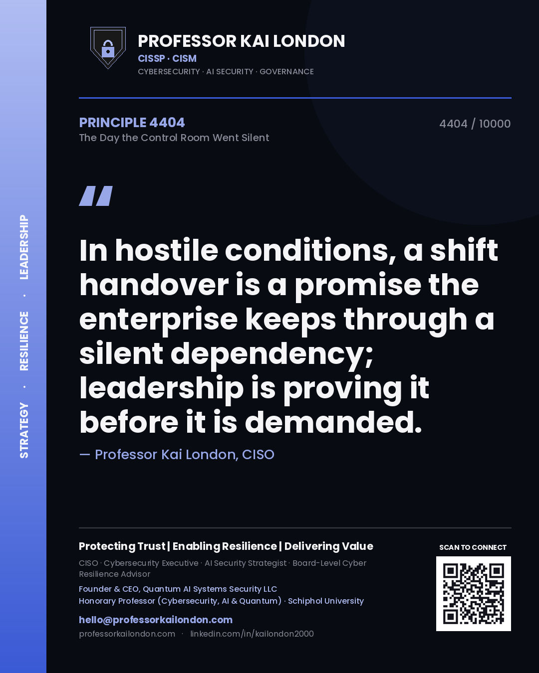 Professor Kai London principle 4404: In hostile conditions, a shift handover is a promise the enterprise keeps through a silent dependency; leadership is proving it before it is demanded.