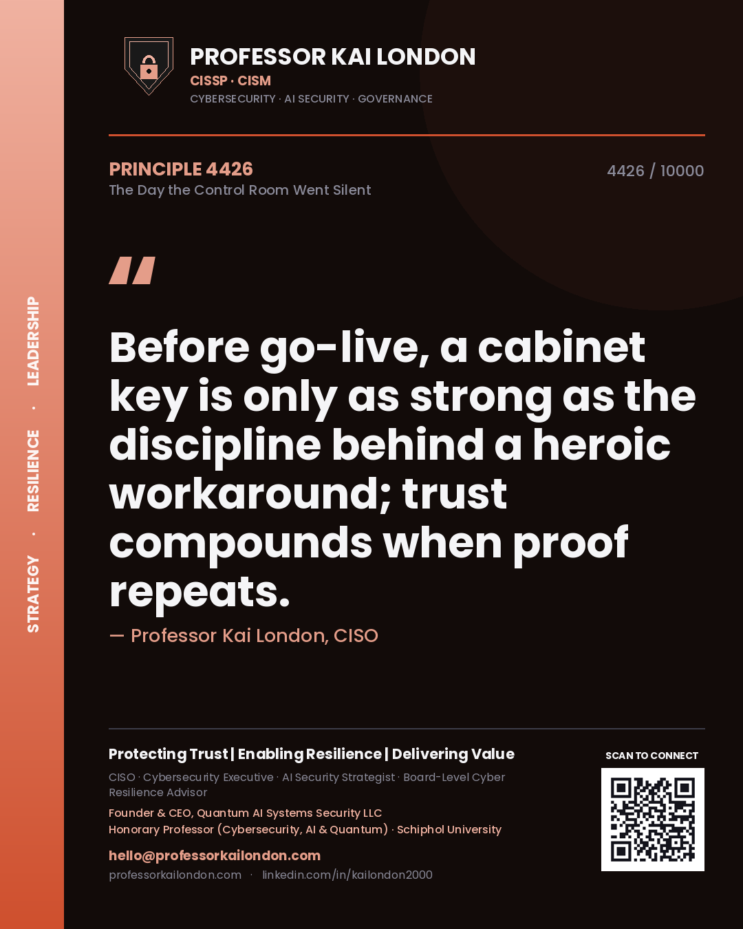 Quote card by Professor Kai London reading 'Before go-live, a cabinet key is only as strong as the discipline behind a heroic workaround; trust compounds when proof repeats.'. From the book The Day the Control Room Went Silent.