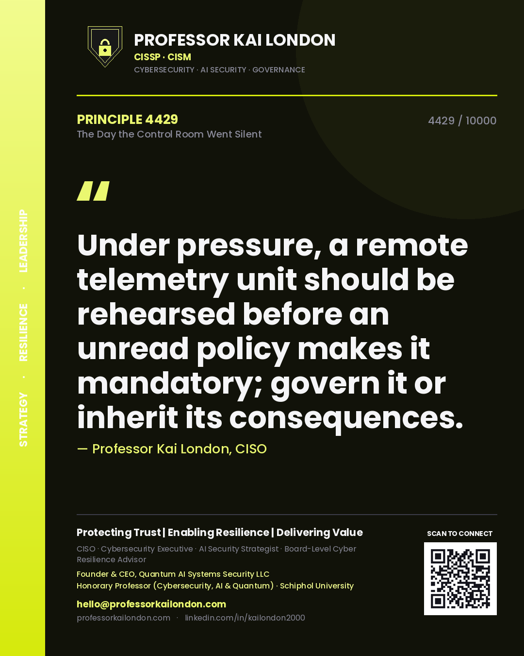 Quote card by Professor Kai London reading 'Under pressure, a remote telemetry unit should be rehearsed before an unread policy makes it mandatory; govern it or inherit its consequences.'. From the book The Day the Control Room Went Silent.