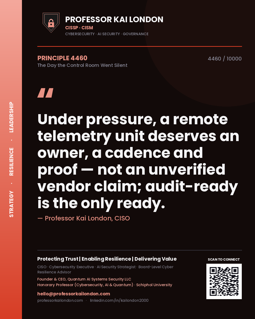 Professor Kai London principle 4460: Under pressure, a remote telemetry unit deserves an owner, a cadence and proof — not an unverified vendor claim; audit-ready is the only ready.