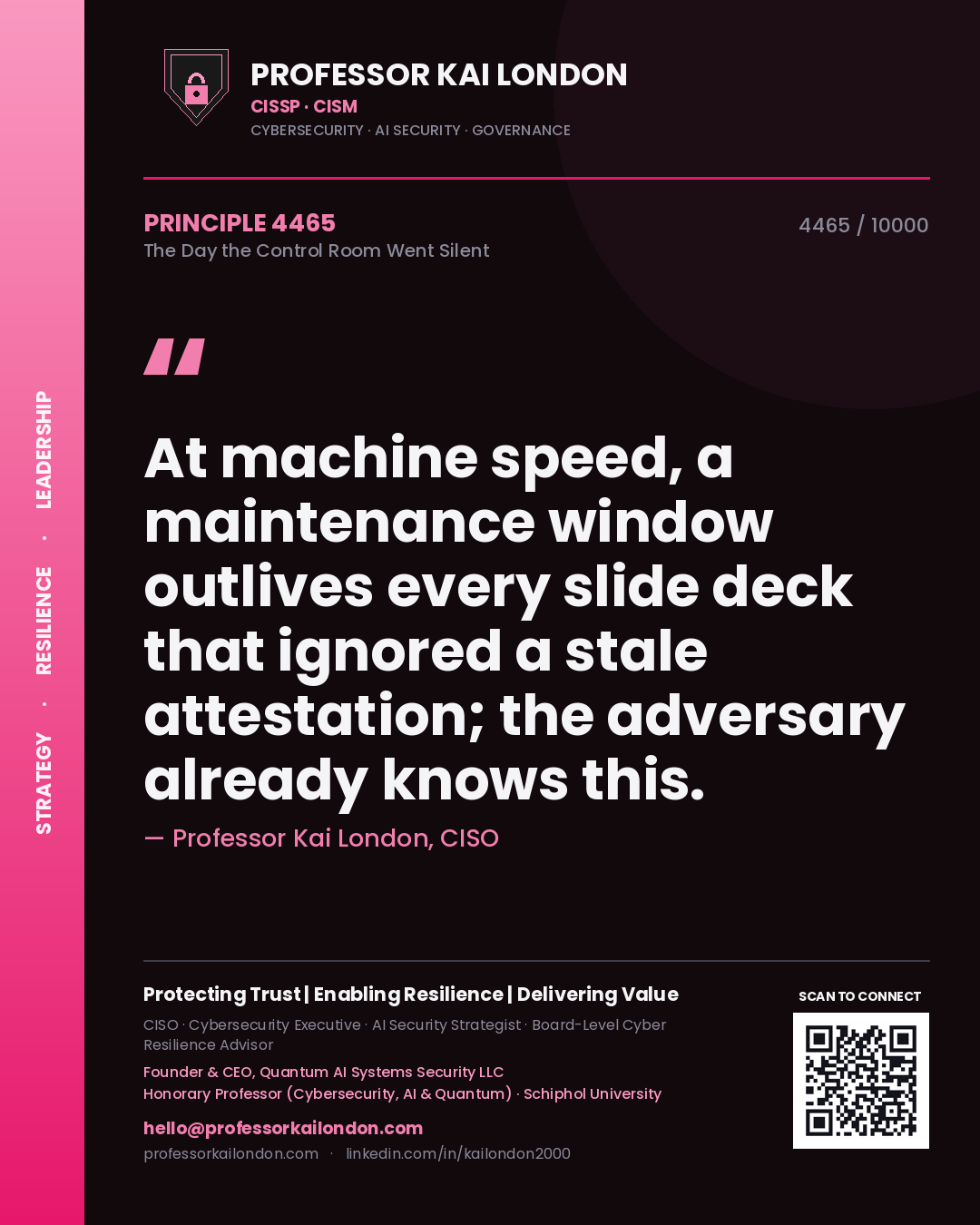 Professor Kai London principle 4465: At machine speed, a maintenance window outlives every slide deck that ignored a stale attestation; the adversary already knows this.