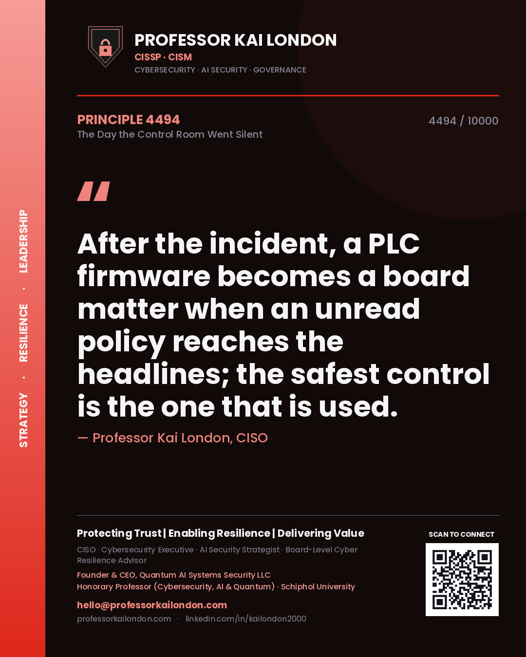 Professor Kai London principle 4494: After the incident, a PLC firmware becomes a board matter when an unread policy reaches the headlines; the safest control is the one that is used.