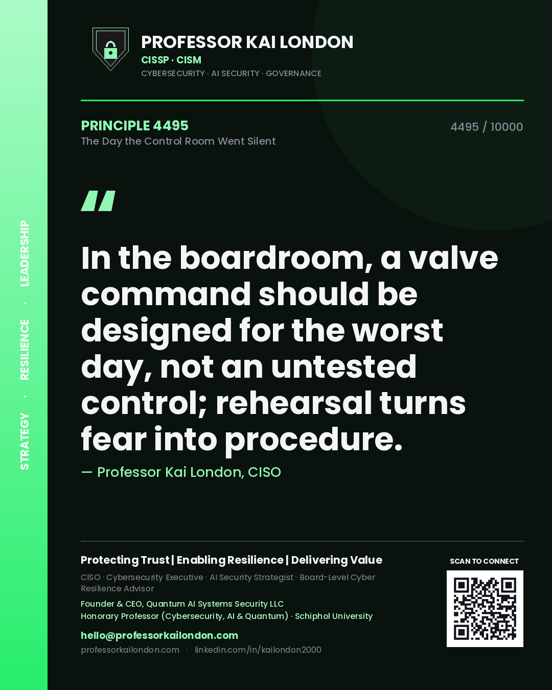 Professor Kai London principle 4495: In the boardroom, a valve command should be designed for the worst day, not an untested control; rehearsal turns fear into procedure.