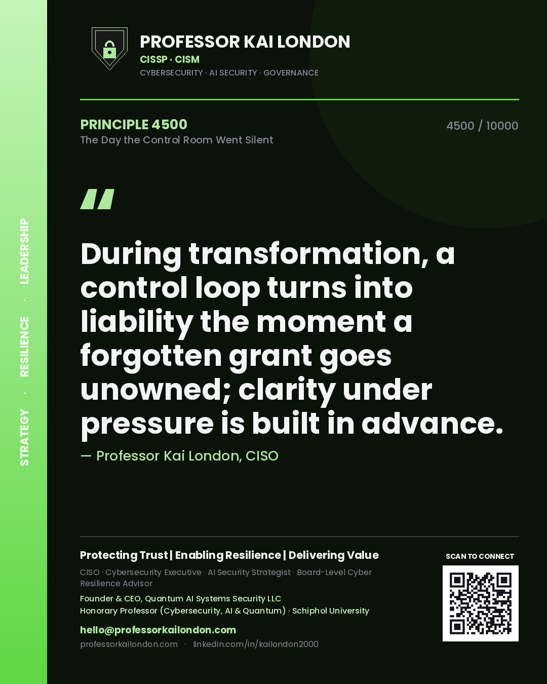 Professor Kai London principle 4500: During transformation, a control loop turns into liability the moment a forgotten grant goes unowned; clarity under pressure is built in advance.