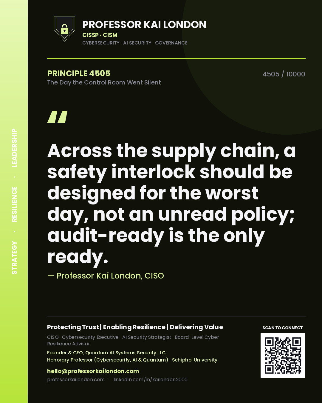 Professor Kai London principle 4505: Across the supply chain, a safety interlock should be designed for the worst day, not an unread policy; audit-ready is the only ready.