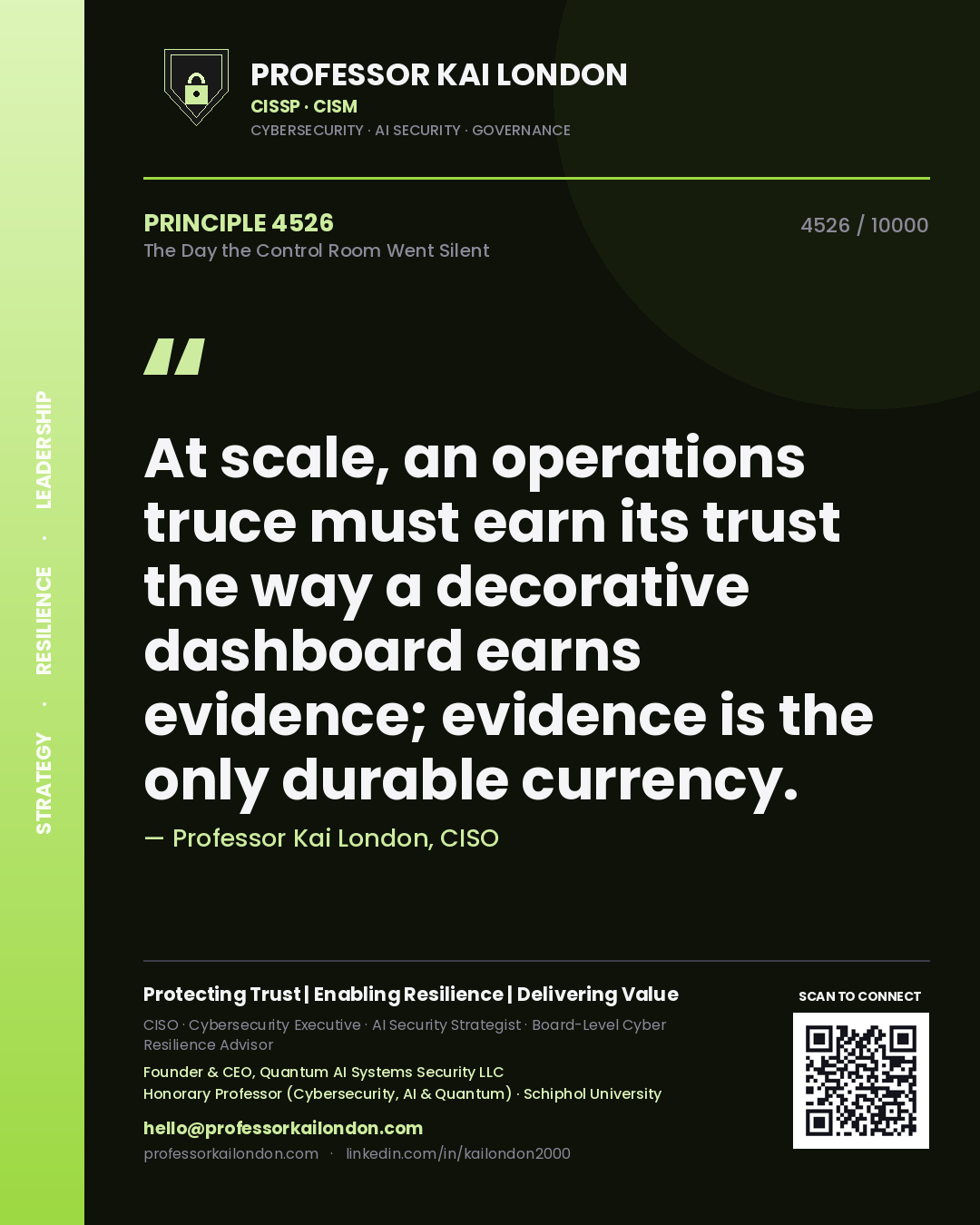 Professor Kai London principle 4526: At scale, an operations truce must earn its trust the way a decorative dashboard earns evidence; evidence is the only durable currency.