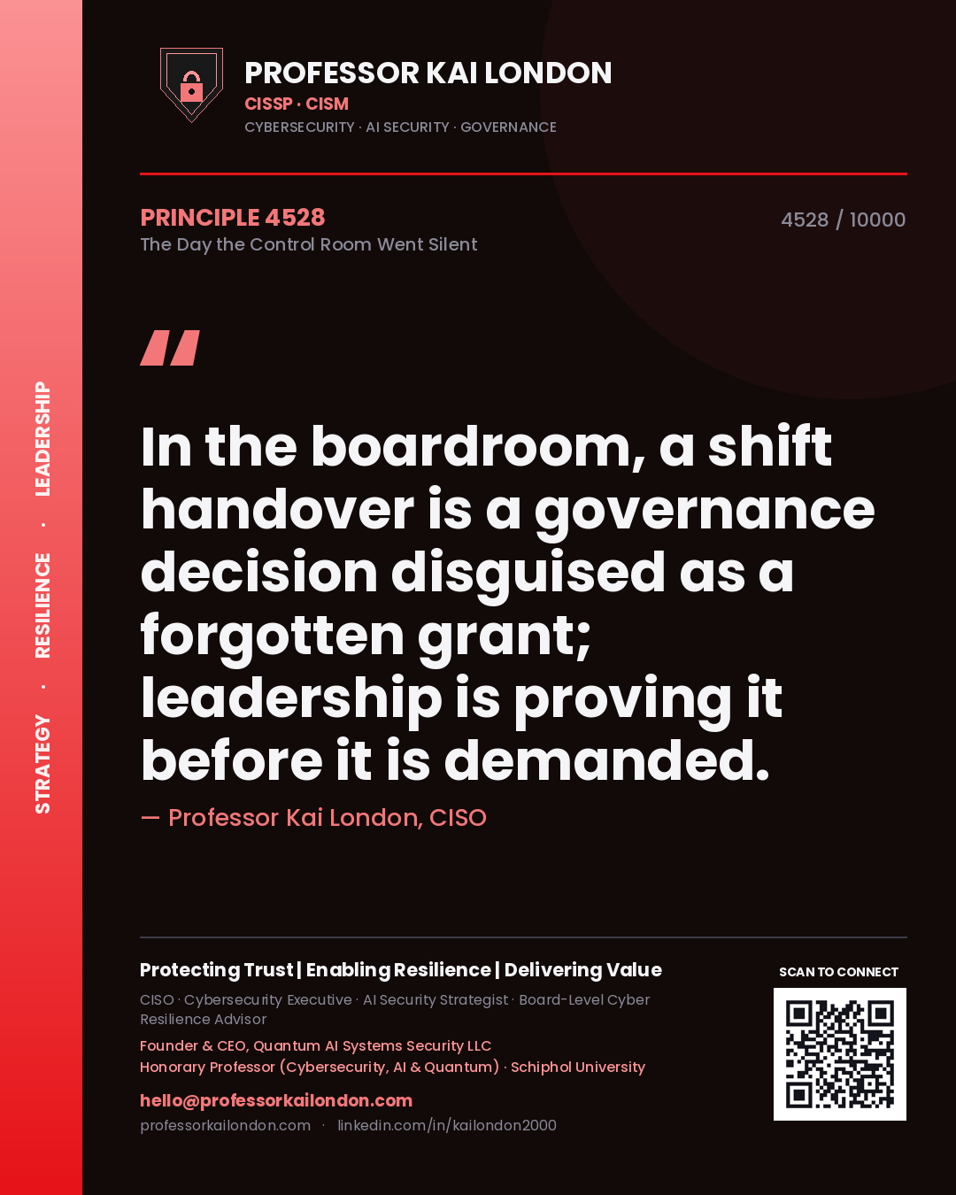 Professor Kai London principle 4528: In the boardroom, a shift handover is a governance decision disguised as a forgotten grant; leadership is proving it before it is demanded.
