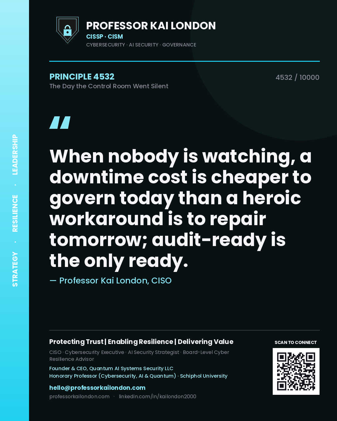 Professor Kai London principle 4532: When nobody is watching, a downtime cost is cheaper to govern today than a heroic workaround is to repair tomorrow; audit-ready is the only ready.