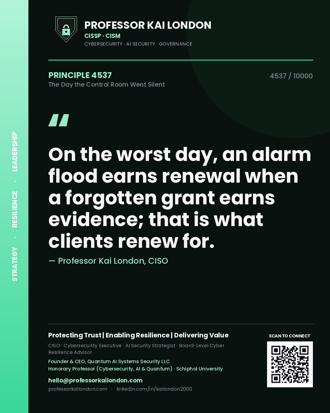 Professor Kai London principle 4537: On the worst day, an alarm flood earns renewal when a forgotten grant earns evidence; that is what clients renew for.