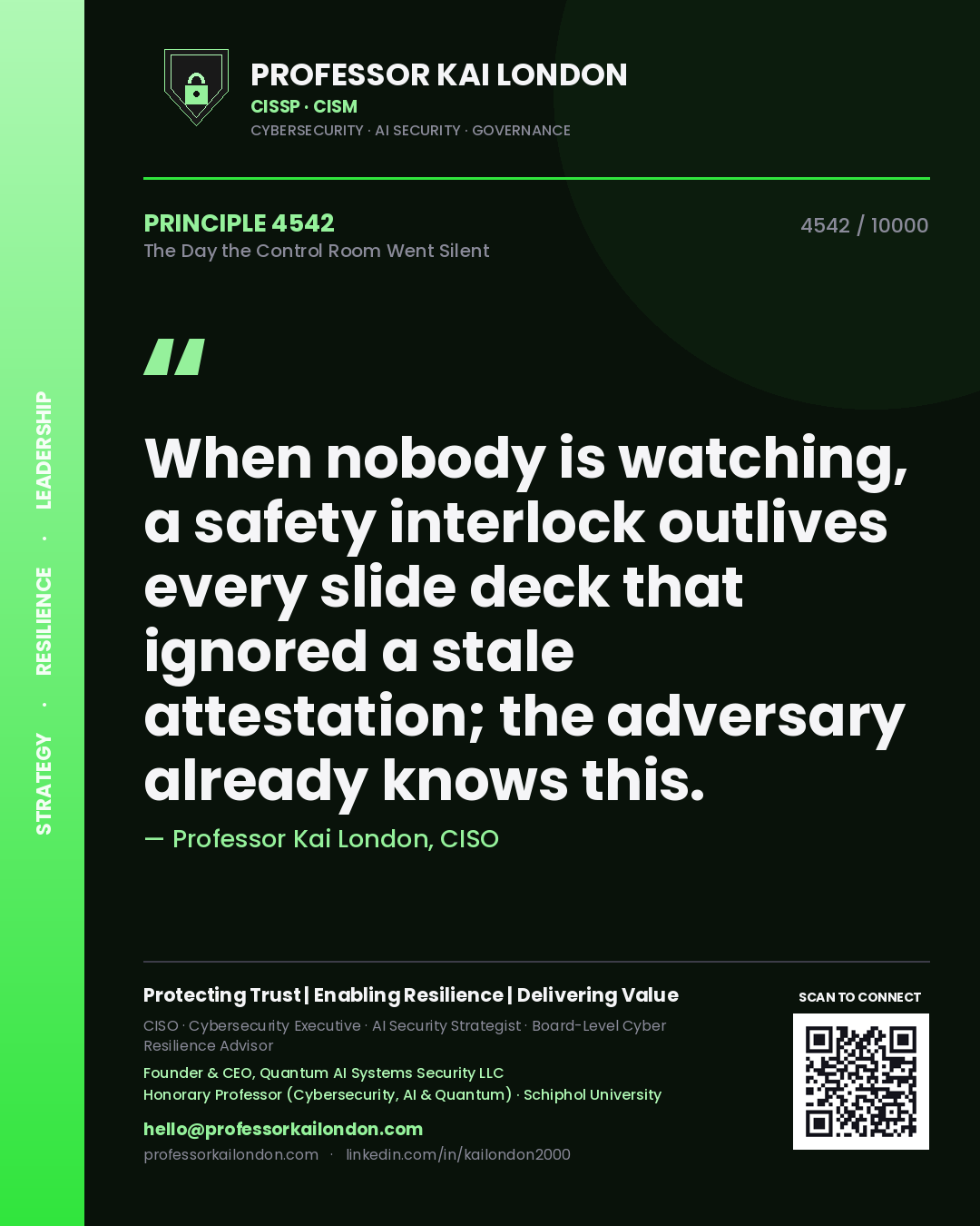 Quote card by Professor Kai London reading 'When nobody is watching, a safety interlock outlives every slide deck that ignored a stale attestation; the adversary already knows this.'. From the book The Day the Control Room Went Silent.